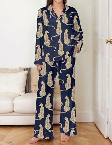 Image of SHESHOW Satin Pajamas Set for Women Set Long Sleeve Button Down Pjs Sets 2 Piece Loungewear Animal Sleepwear XS-XXL