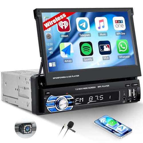 1DIN Autoradio avec Écran Rabattable et Carplay et Android Auto sans Fil, Autoradio 1 DIN à Écran Tactile 7 Pouces avec Bluetooth/SWC/USB/FM + Caméra de...