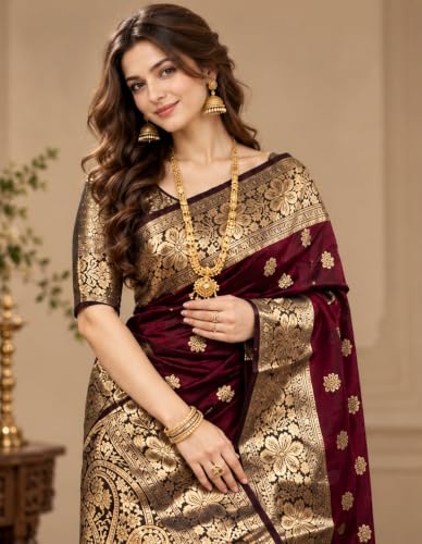 Image of Womens Banarasi Kanjivaram Art Silk Saree | Scattered Floral Butti & Heavy Paisley Zari Border | Includes Unstitched Blouse Piece