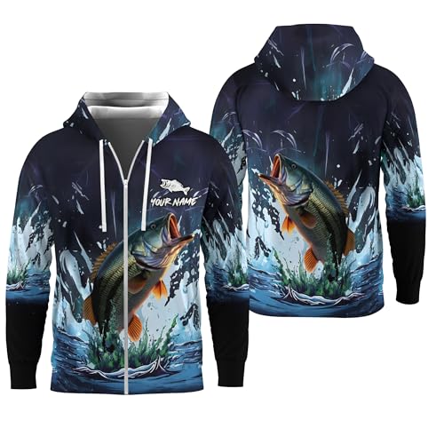 Mens Fishing Zip Up Hoody for Dad Jumping Bass Fish Out of the Water Zipper Hoodie Fishing Jacket