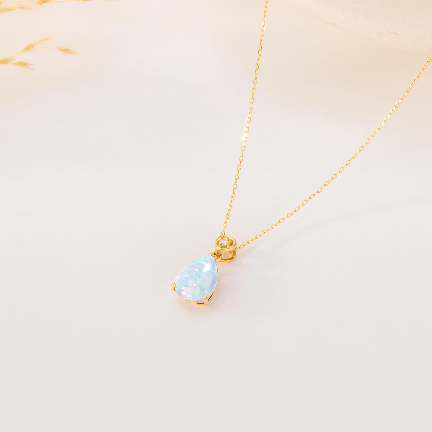 14k Yellow Gold Pear Opal Necklace for Women,2 Carat 7MM*9MM Teardrop Created October Birthstone Pendant Anniversary Birthday Mother's Day Christmas Necklaces for Her 16+2 inch