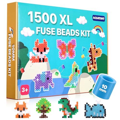 Acsatont 1500 Pièces Perles à Repasser, Diamètre env. 10 MM, 12 Couleurs Recharge Set Crafting Perles, Perles Créatives XL pour Enfants de 3 Ans, DIY...