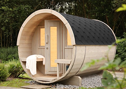 Weka 198.0102.00.30 Saunafass Vaasa Deluxe mit Leimholztür Plus 4 Fenstern, inklusive SO 9, 0 kW, Natur Unbehandelt, 280 x 235 x 242 cm