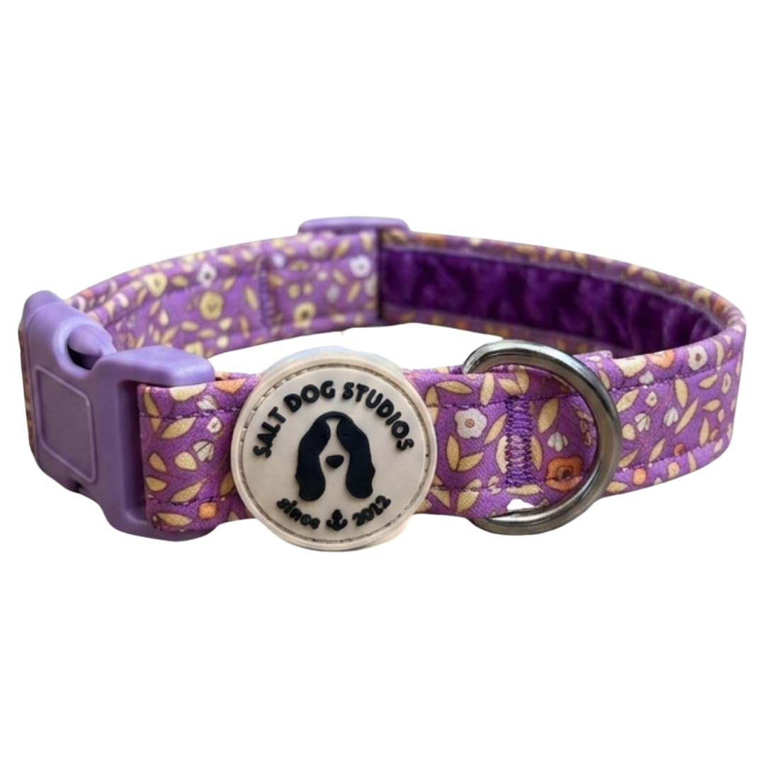 Floral Dog Collar – Adjustable Velvet Lined Dog Collar for Small, Medium, Large & Extra Large Dogs – Soft Comfortable Fabric Collar by Salt Dog Studios (Purple Ditsy Floral, Extra Large)