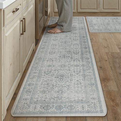 Kitchen Mats 2PCS Anti Fatigue Cushioned Mat Blue Vintage Kitchen Mats for Floor Waterproof Non Slip Comfort Standing Distressed Rug for Sink Laundry Office 17.3"x59"+17.3"x30" Vintage | Blu