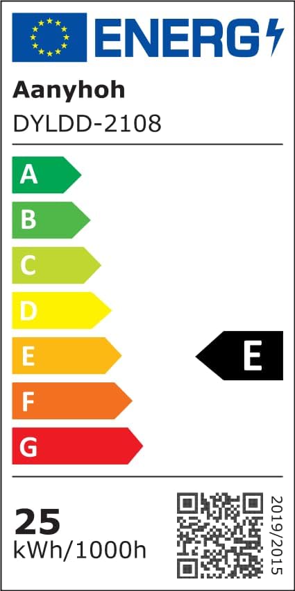 EU Energy Label for Aanyhoh DYLDD-2108 LED lamp, showing Class E and 25 kWh/1000h