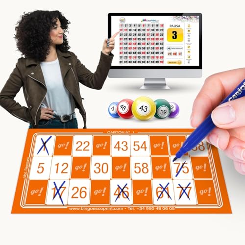 BINGO ESCOPRINT - 600 Cartones de Bingo | Juego de Bingo PC de Regalo | Juego de Mesa | 90 Bolas | Bingo Adultos, Familias y Asociaciones | Naranja