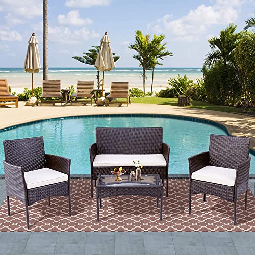 Drmilito 4 Pièces Salon de Jardin Extérieur Ensemble Terrasse Exterieur Mobilier de Jardin en Résine 2 Fauteuils, 1 Canapé 2 Places et 1 Table Tressée...