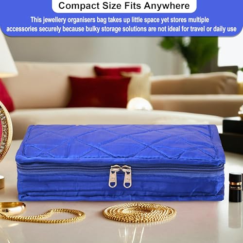 Image of Kuber Industries Parachute Jewellery Pouches for Storage Necklace & Bangles with 4 Transparent Pouches | Jewellery Kit /Bag /Organiser for Women | Quilted Print - Blue
