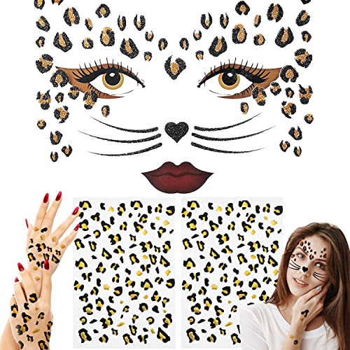 SUGERU® Lot de 3 autocollants pour visage léopard - Accessoire de déguisement de léopard pour femme, tatouage temporaire à paillettes, costume de chat,...