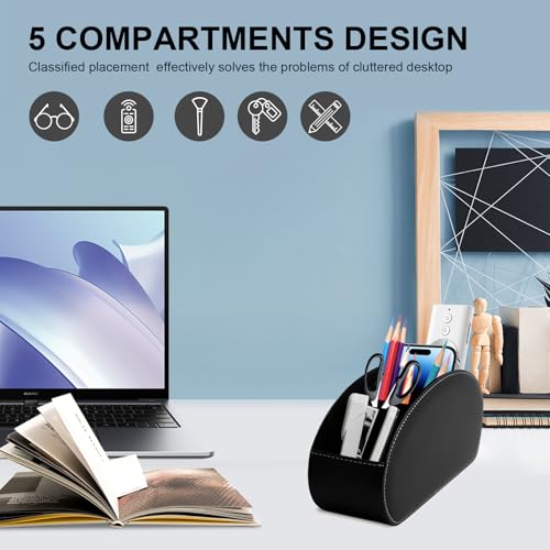 RETON 2 Stück Fernbedienungshalter mit 5 Fächern, schwarzes PU-Leder TV-Fernbedienungs-Organizer, TV-Fernbedienungshalter, Aufbewahrungsbox, geeignet für Medien-Controller, Make-up-Pinsel, Bürobedarf