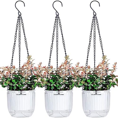 Josteve 6.5 Inch 2 Pcs Self Watering Hanging Planter Indoor Plant Hanging Pots with Drainage Holes, Outdoor Hanging Planters Flower Pot Basket, Visible Water Level, Plant Hanger Home Decor, Gardening