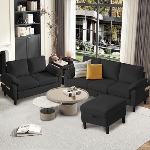 Image of 79.72 inch 3 Piece Corduroy Sofa Set with Storage Ottoman & Loveseat, L Shaped Sectional Couch with Side Pockets, Convertible Living Room Furniture Set for Small Space