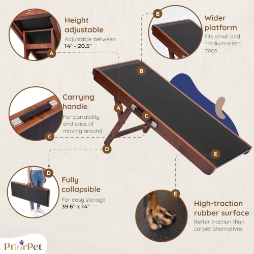 Image of Dog Ramp for Couch - Non-Slip, Sturdy Build Foldable Wooden Dog Ramp - Supports up to 200 lbs - 7 Adjustable Heights (14 inch-20.5 inch) - Enhanced Stability - Birchwood Pet Ramp for Small Dogs - Walnut
