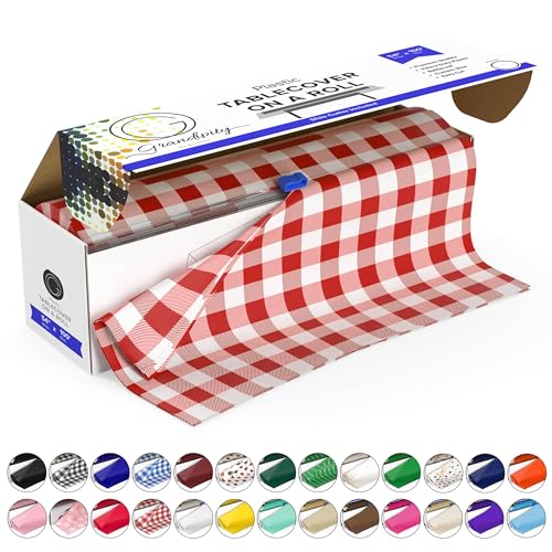 Grandipity - Red Gingham Checkered Premium Disposable Plastic Picnic Tablecloth 54 Inch. x 100 Ft. Table Cover Roll by Grandipity
