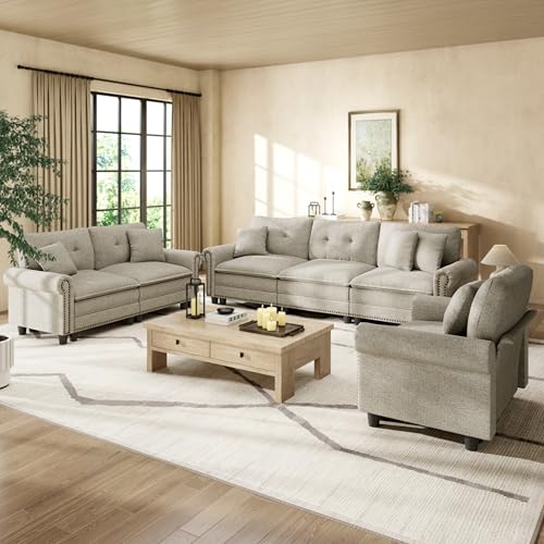 Image of HERA'S HOUSE Modular Sectional Sofa Set for Living Room 3-Piece Deep Seats | Mid-Century Modern 6-Seater Cloud Sofa Set, Light Grey, Rolled Arms & Nailhead Trim, Wider Seats, Soft Linen Furniture Set