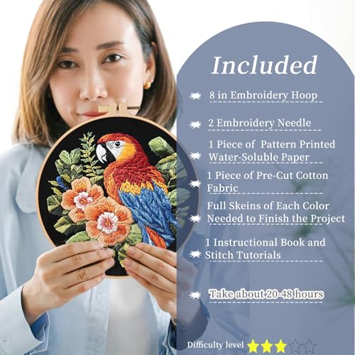 Image of FONNUY Embroidery Kit for Beginners, Birds with Flowers Pre-Stamped Pattern Kits for Adults with Hoop, Easy to Follow Color Thread Needlework, 8'' Hoop (Red Parrot)