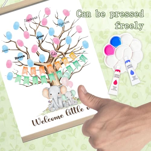 Image of QZCYU Gender Reveal Gifts Idea Party Fingerprint Decorations - Elephant Theme Canvas Decor - Woodland Baby Shower Guest Book (12x15in)