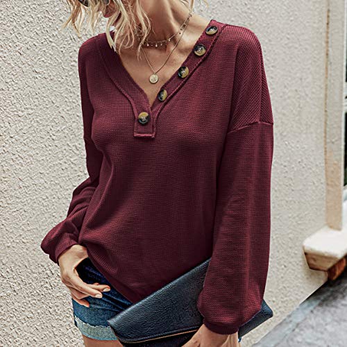 BTFBM Women Waffle Knit Shirts V-Neck Long Sleeve Casual Slouchy Loose Blouses Plain Faux Button Lightweight Pullover (Wine Red, Medium)