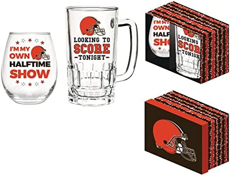 Team Sports America NFL Cleveland Browns, Stemless 17 OZ Wine Glass & Beer Mug 16 OZ Gift Set with Box | Keeps Drinks Cold | Officially Licensed