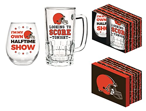 Team Sports America Nfl Cleveland Browns, Stemless 17 Oz Wine Glass & Beer Mug 16 Oz Gift Set With Box | Keeps Drinks Cold | Officially Licensed #TOP3