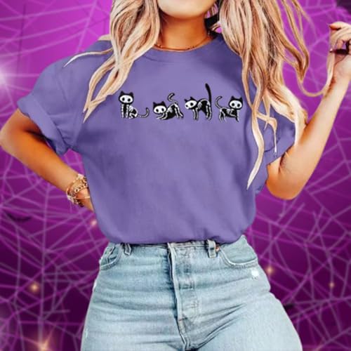 Halloween Shirts for Women: Embroidered Cat Graphic Tshirts Tops Skeleton Cats Short Sleeve Blouse3