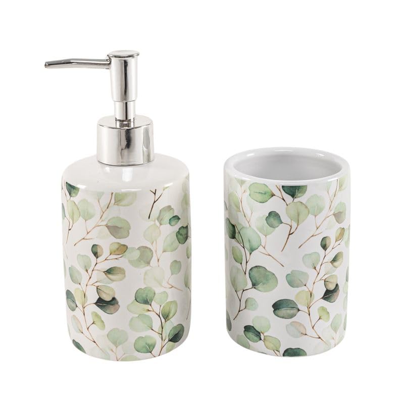 ROCKING GIFTS Juego de baño con diseño de Hojas, Dispensador de Jabón y Vaso de Cerámica, Estilo Elegante y Minimalista