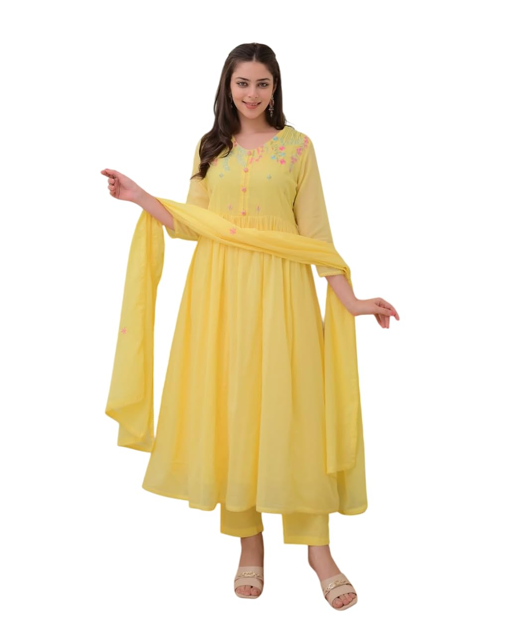 KB Atelier & co. Women's Cotton Embroidered Anarkali Kurti with Pant and Dupatta Set-picture-14