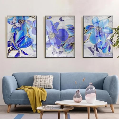 Tableau triptyque fleur bleue 70x100 cm pour salon moderne