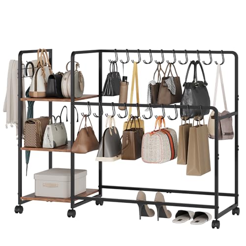 Purse Organizer Rack for Closet, 3-Tier Purse Storage Shelf with 20 Hanger, 3 Side Hooks & Movable Wheels, Large Wooden Handbag Organizer Stand for Bedroom, Cloakroom, Entryway, Dressing Room, Black