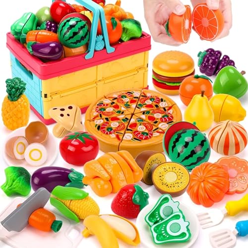 Qizebaby Cutting Play Food Toy for Kids Kitchen，Pretend Fruit &Vegetables Accessories with Folding Storage Basket ，Educational Toy for Toddler Boys Girls Birthday Gift