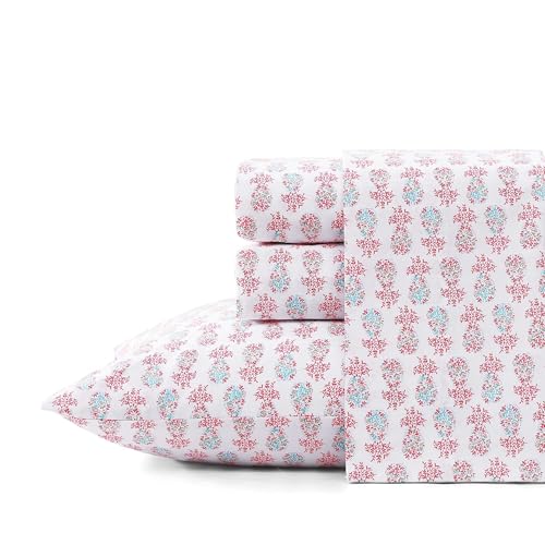 Image of Tommy Bahama - King Sheets, Cotton Percale Coastal Bedding Set with Matching Pillowcases, Crisp & Cool, Coastal Room Essentials (Pineapple Splash Pink, King)