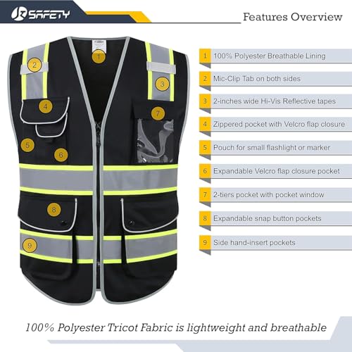 Image of JKSafety 9 Pockets Hi-Vis Fluorescent Color Zipper Front Safety Vest with Neon Color Extended Yellow Trims for Men and Women Work Safety Utility (901-Black S)