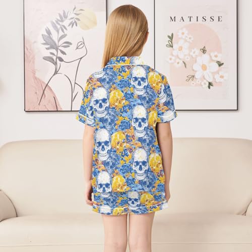 ALAZA Sugar Skull Blue Rose Flower Satin Pajamas Set Short Sleeve Button Down Sleepwear Summer Pjs 2 Piece4