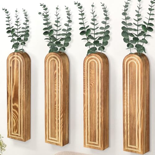 4Pack Wood Wall Planters for Indoor Plants, Bathroom, Living Room, Bedroom - Modern Farmhouse Decor Vase for Dried Flowers and Faux Greenery (Rustic Brown)