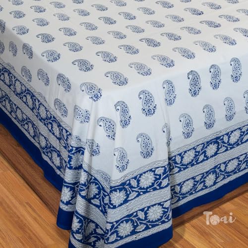 Image of TOAI Hand Block Printed Bedsheet | Bed Sheet Flatsheet | Pure Cotton | Double Bed King Size 108 inchx108 inch | 210 TC Bedsheets | Includes 2 Pillow Covers (Blue Paan on White)