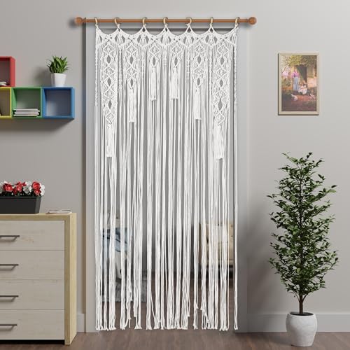 Ateasierlife Macrame Curtain Boho Doorway Curtains,Handmade Door Curtain Fly Screen Curtains Window Doors Screens Tassel Doorways Blinds Room Divider Panel (W35×L79in/W90×L200cm,String)