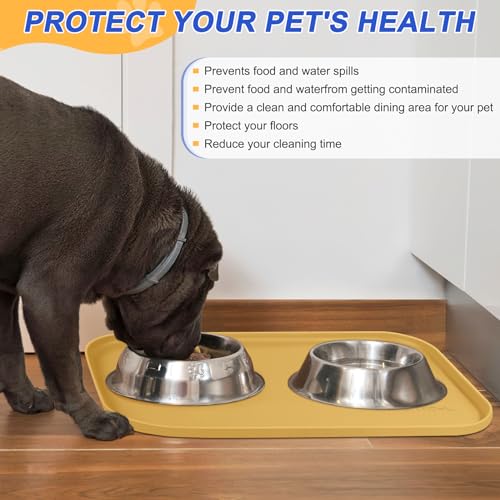 SMILOOL Silicone Pet Feeding Mat with Raised Edge for Food and Water, Dog Bowl Mats, Cat Bowls Placemat with High Lip for Floor Waterproof, Rubber Tray for Cats and Dogs 22 x 14 x0.8 Beige