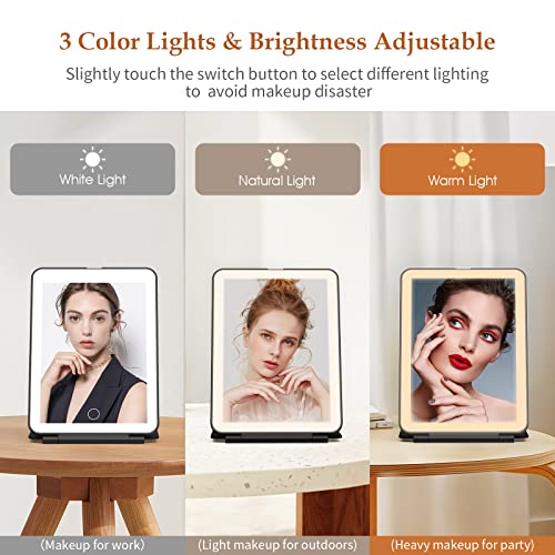 Rechargeable Travel Makeup Vanity Mirror With 72 Led Lights, Portable Lighted Makeup Mirror With 3 Color Lighting, Touch Sensor Dimming, Foldable Tabletop Light Up Cosmetic Beauty Mirror (Black) #TOP2