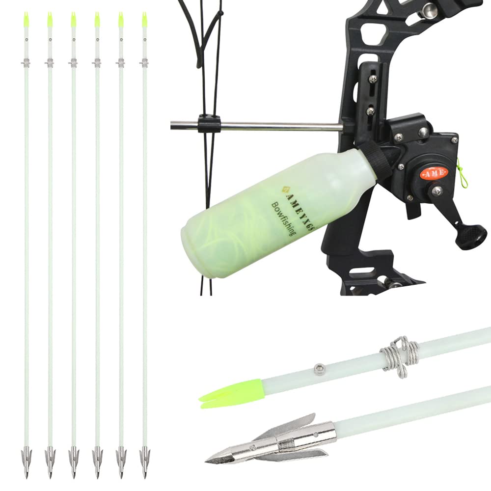 Tiro con L'Arco Bowfishing Reel Mulinello da Pesca con Arco con 40m di Corda da Pesca e 6pcs Frecce da Pesca per Pesci da Caccia con Arco Compound Ricurvo
