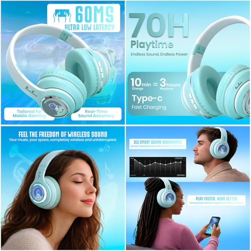 Image of PunnkFunnk Astro Junior Wireless Bluetooth Headphones with BT 5.3, Noise Cancelling, Hi-Res Audio, 40mm Drivers, Deep Bass, Memory Foam Ear Cushions, Over-Ear Headset for Kids, Teens & Adults (Green)