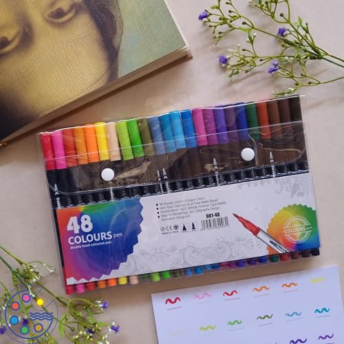 Image of 48 Pcs Dual Tip Brush Pens Set - Fine Tip & Flexible Brush Markers for Calligraphy, Sketching, Coloring Books, Journaling, Hand Lettering & Art Supplies