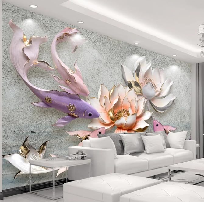 Papier peint 3D lotus pour habiller un mur de salon et donner de la profondeur