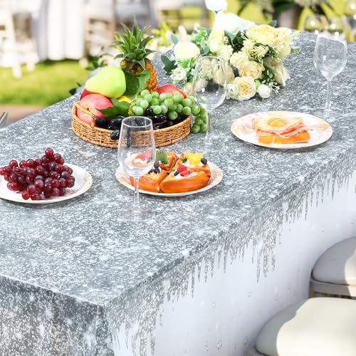 Image of Ganeen 3 Pcs Silver Tablecloths Glitter Diamond Disposable Plastic Table Cover Sequin Printed Rectangle Tablecloths for Girl Women Birthday Wedding Party Decor Supplies, 54 x 108 Inch