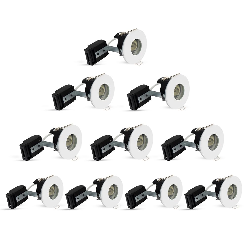 paul russells LED GU10 Recessed Ceiling Fire Rated Downlight Can with White Bezel, 65-70mm Cutout, IP65 Dust & Waterproof, Twist & Lock Design, Quick Connect, Décor Rooms, 10 Packs (NO Bulb)