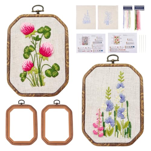 Image of Magibeads 2 Sets Flower Patterns Embroidery Starter Kit for Beginners Hand Embroidery Kit with Embroidery Hoop Floss Fabric Instruction Cross Stitch Kits for Adults Gifts