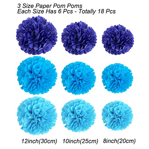 Tissue Paper Pom Poms, Recosis Paper Flower Ball For Birthday Party Wedding Baby Shower Bridal Shower Festival Decorations, 18 Pcs - Sky Blue, Blue And Dark Blue #TOP2