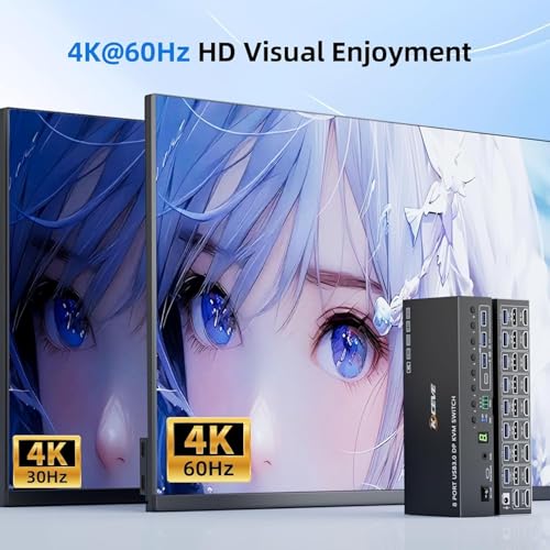 Image of 8 Port HDMI Displayport KVM Switch 2 Monitors 8 Computers 4K@60Hz EDID Simulation,8 PC Dual Monitor KVM Switch with 4 USB 3.0 Ports,Audio,RS232,with Wired Remote,12V Power Adapter and 8 USB Cable