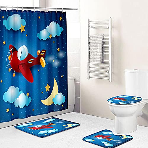 ZDDWLDL 4-Teilig Duschvorhang Set mit Rutschfesten Teppichen Toilettendeckel und Badematte Wasserdichtes Badezimmer… – Bild 3