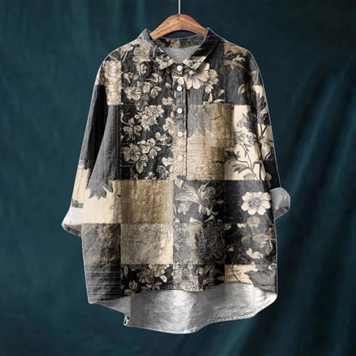Women's Boho Floral Printed Lapel Button Long Sleeve Shirt Trendy Casual Loose Vintage Cute Vacation Tunic Top2